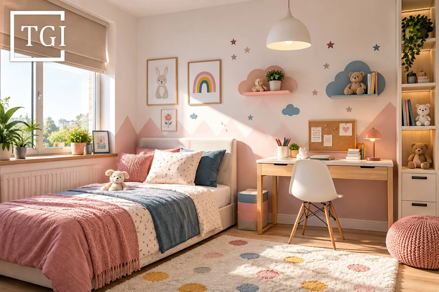 Pastel Scandinavian kids bedroom with a study desk and soft colors