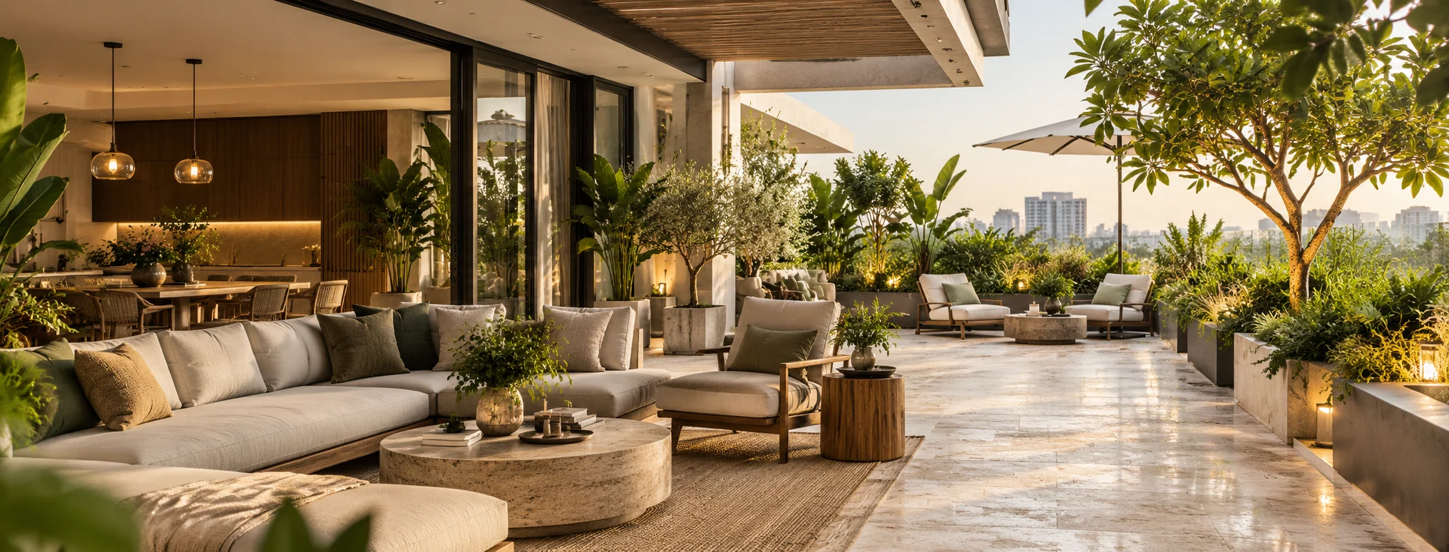 A leafy rooftop terrace with lounge seating