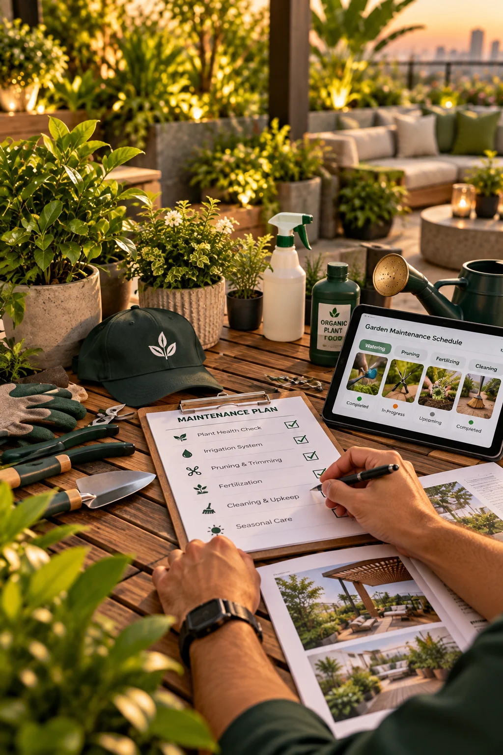 A finished rooftop garden with design plans for ongoing care