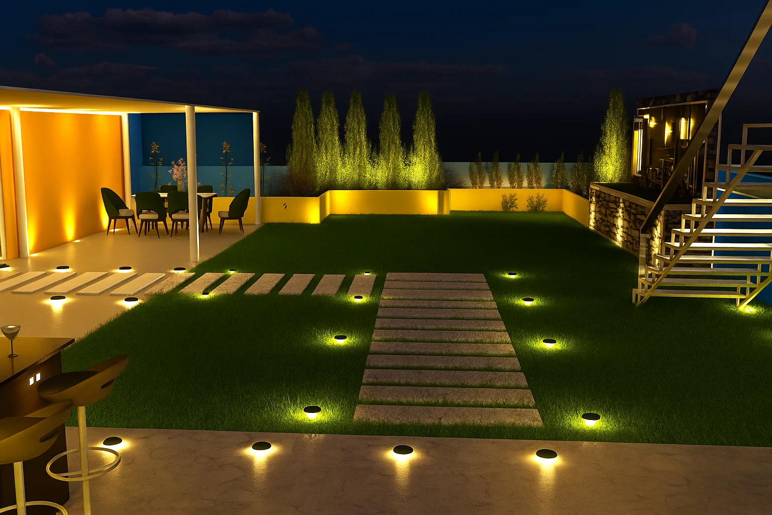 A completed terrace garden with lighting and an evening seating area