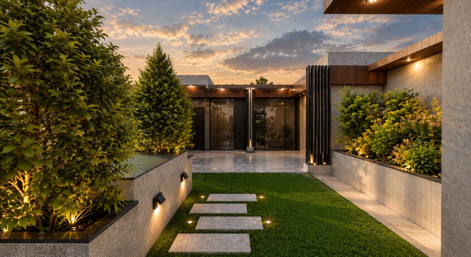 Green courtyard terrace with stepping stones and planted borders