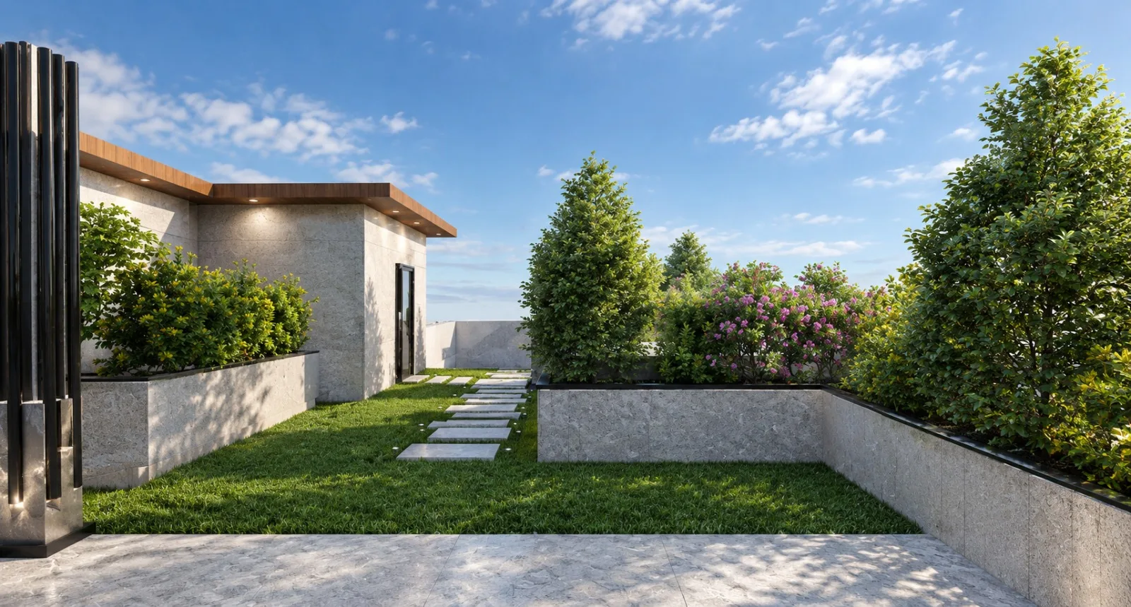 Open rooftop lawn surrounded by trees and planted beds